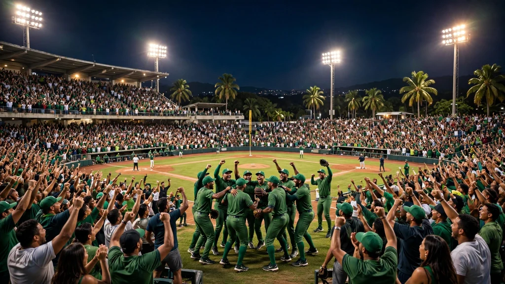 Estadio de béisbol en República Dominicana durante un juego nocturno de la LIDOM