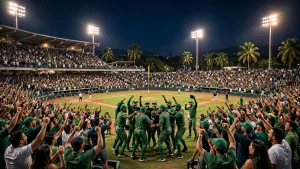 Estadio de béisbol en República Dominicana durante un juego nocturno de la LIDOM