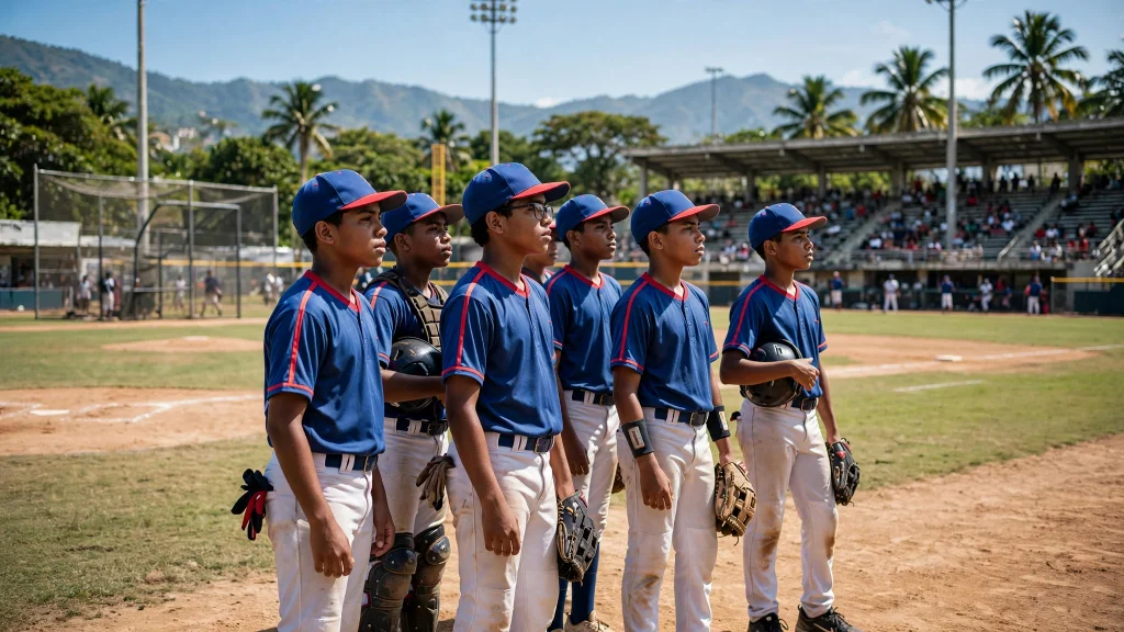 Jóvenes peloteros dominicanos en campo de béisbol durante torneo Premundial Sub-18