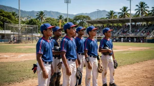 Jóvenes peloteros dominicanos en campo de béisbol durante torneo Premundial Sub-18