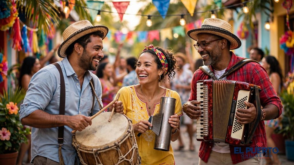 Músicos dominicanos tocando tambora, güira y acordeón en una fiesta