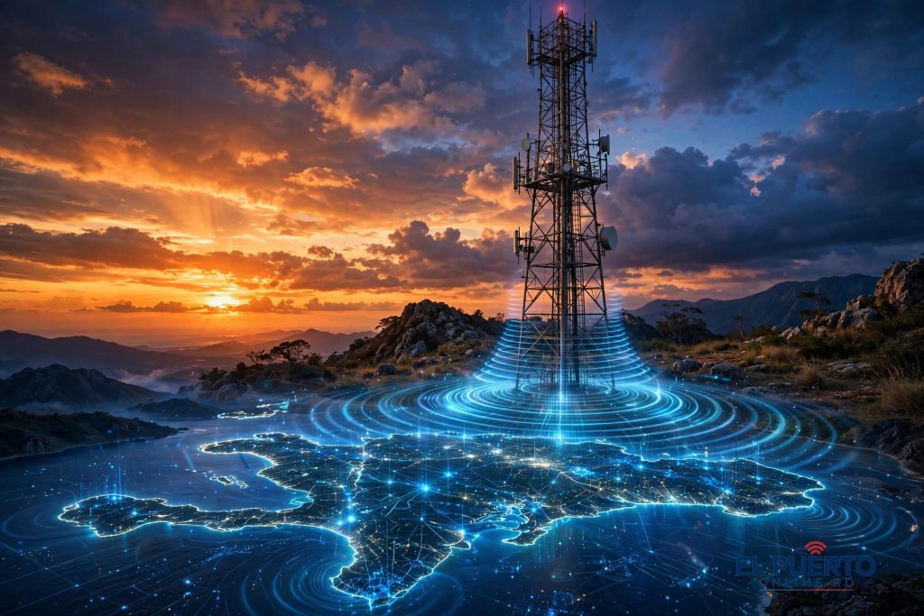Antena de telecomunicaciones al atardecer con ondas de señal 5G