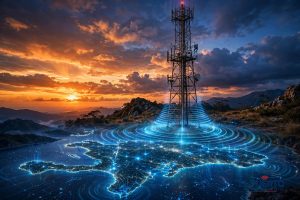 Antena de telecomunicaciones al atardecer con ondas de señal 5G