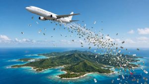 Ilustración de un avión con billetes volando hacia una isla del Caribe