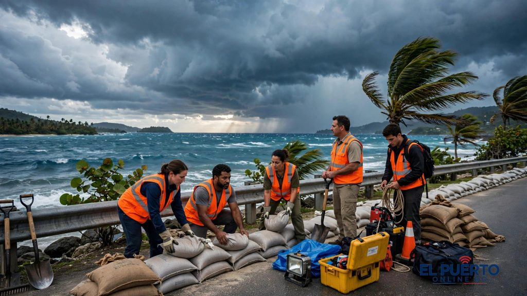 Voluntarios de la Defensa Civil en operativo preventivo bajo cielo tormentoso