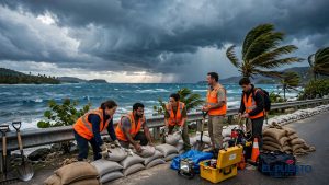 Voluntarios de la Defensa Civil en operativo preventivo bajo cielo tormentoso