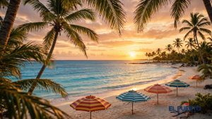 Playa de Punta Cana al atardecer con palmeras y sombrillas